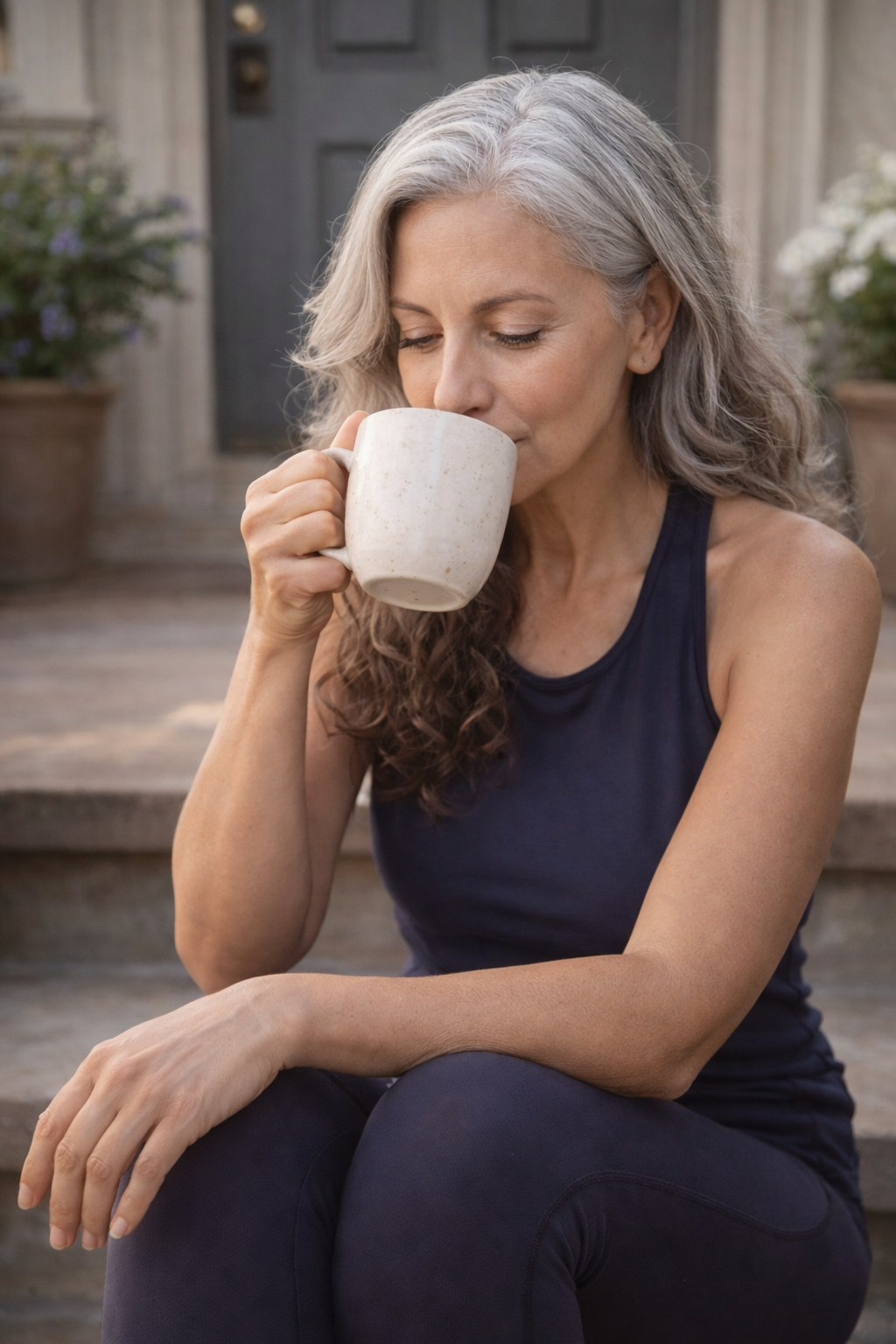 Woman in morning ritual with tea
