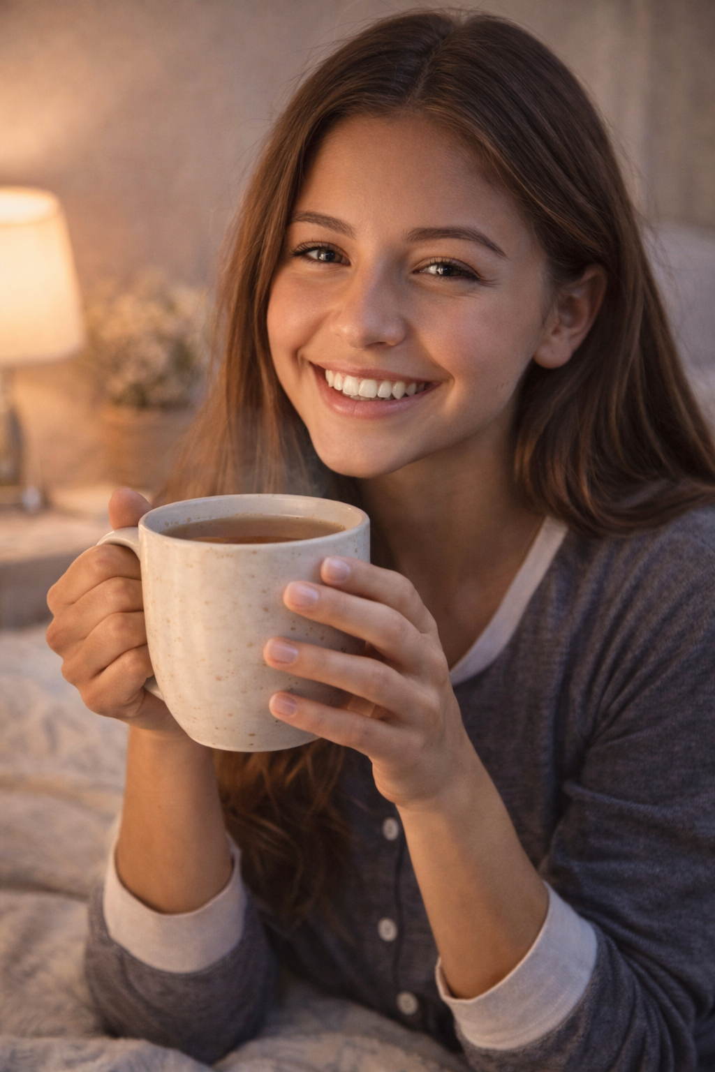 Woman smiling with morning tea, cozy home setting